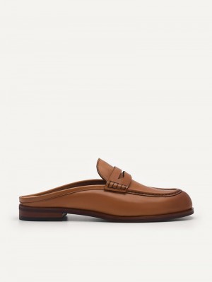 Pedro Blake Leather Penny Loafer Mules Women Flats Camel | Q9Q-2693