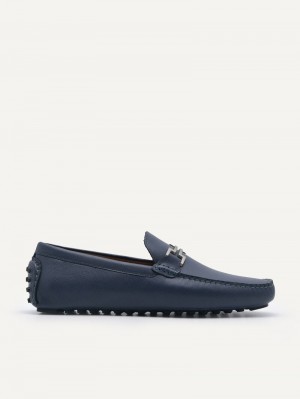 Pedro Embossed Leather Men Moccasins Navy | Q9Q-2634