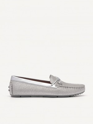 Pedro Glitter Bow Moccasins Women Flats Silver | Q9Q-1836