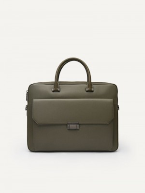 Pedro Henry Textured Leather Briefcase Men Business Bags Military Green | Q9Q-2508