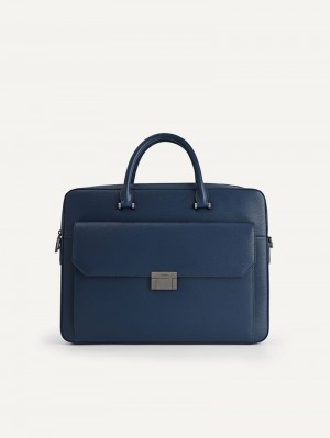 Pedro Henry Textured Leather Briefcase Men Business Bags Navy | Q9Q-2507