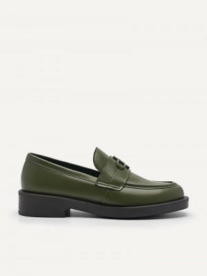 Pedro Icon Leather Loafers Women Flats Military Green | Q9Q-2414