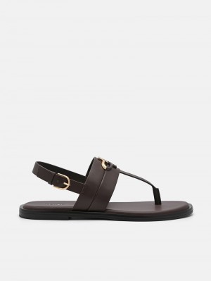 Pedro Icon Leather Sandals Women Flats Dark Brown | Q9Q-2408