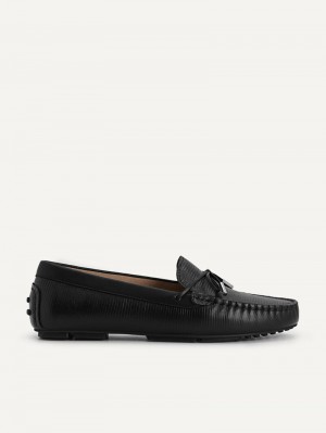 Pedro Lizard-effect Leather Bow Moccasins Women Flats Black | Q9Q-1700