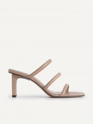 Pedro Strappy Lizard-Effect Women Heel Sandals Taupe | Q9Q-1385