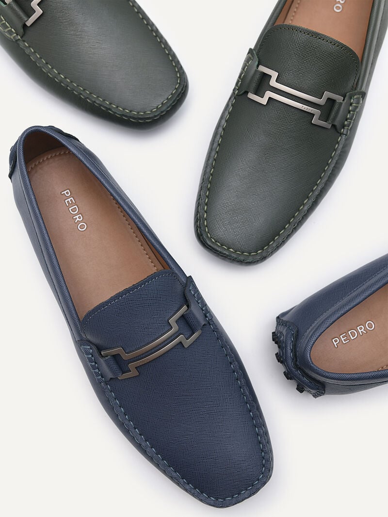Pedro Embossed Leather Men Moccasins Navy | Q9Q-2634