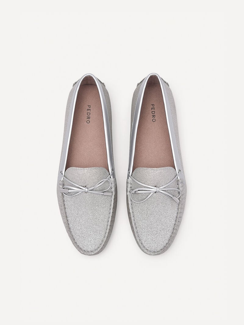 Pedro Glitter Bow Moccasins Women Flats Silver | Q9Q-1836