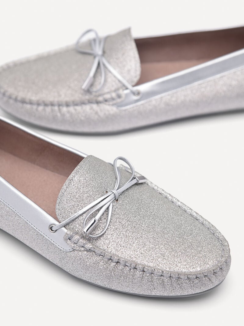 Pedro Glitter Bow Moccasins Women Flats Silver | Q9Q-1836