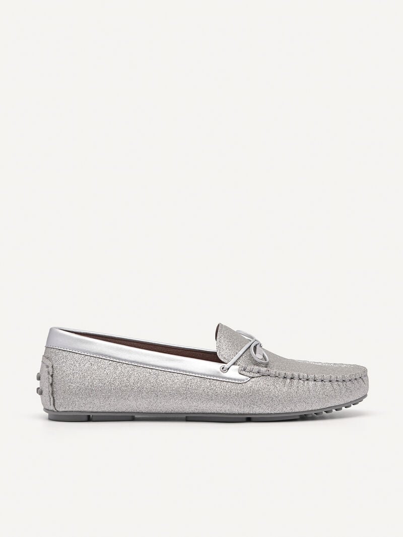 Pedro Glitter Bow Moccasins Women Flats Silver | Q9Q-1836