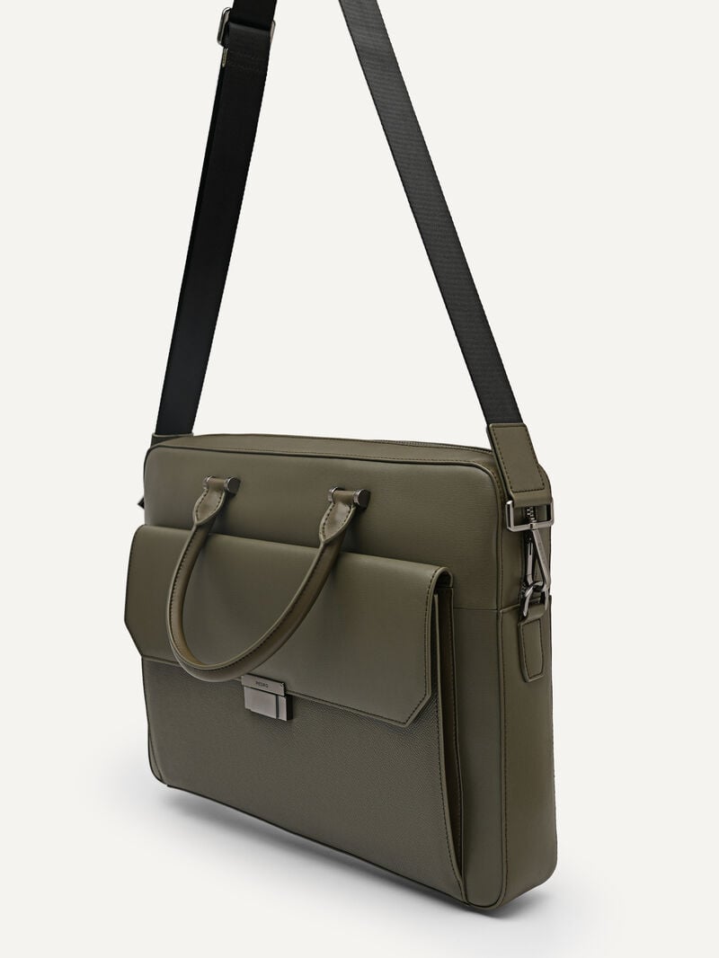 Pedro Henry Textured Leather Briefcase Men Business Bags Military Green | Q9Q-2508