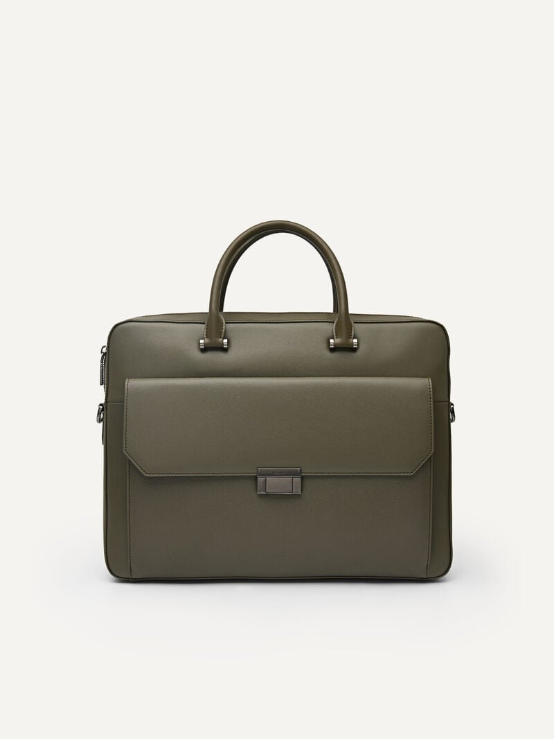 Pedro Henry Textured Leather Briefcase Men Business Bags Military Green | Q9Q-2508