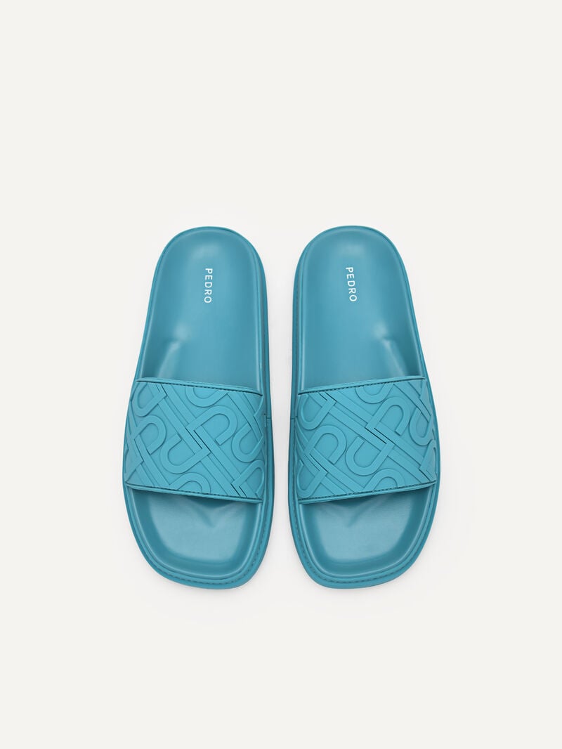 Pedro Icon Embossed Slide Sandals Women Flats Cyan | Q9Q-2464