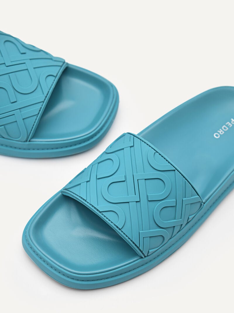 Pedro Icon Embossed Slide Sandals Women Flats Cyan | Q9Q-2464