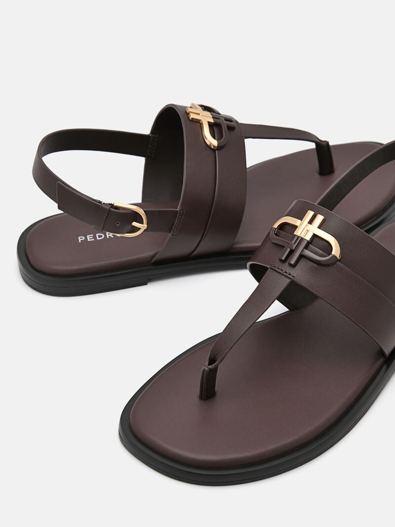 Pedro Icon Leather Sandals Women Flats Dark Brown | Q9Q-2408