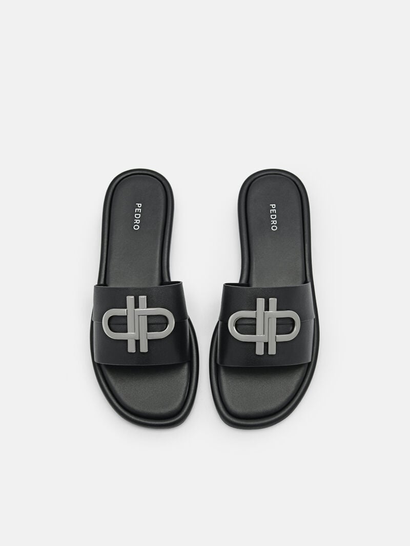 Pedro Icon Leather Slide Sandals Women Flats Black | Q9Q-2404
