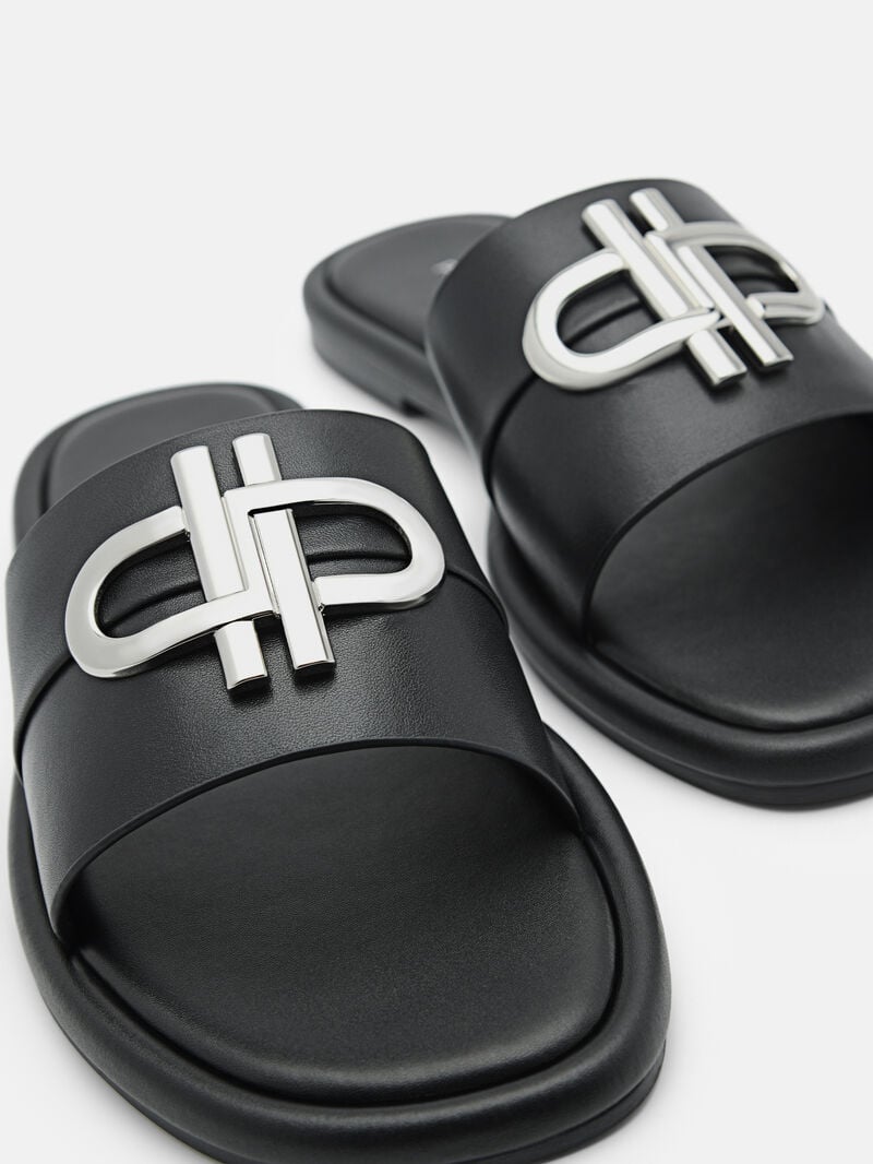 Pedro Icon Leather Slide Sandals Women Flats Black | Q9Q-2404