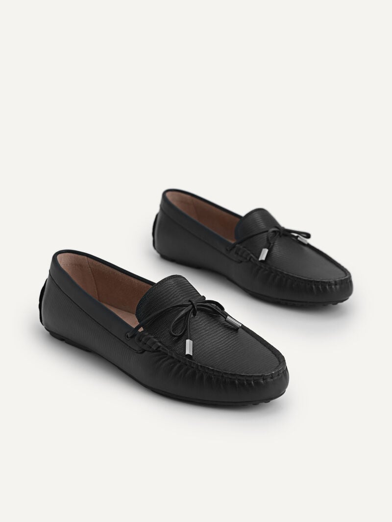 Pedro Lizard-effect Leather Bow Moccasins Women Flats Black | Q9Q-1700