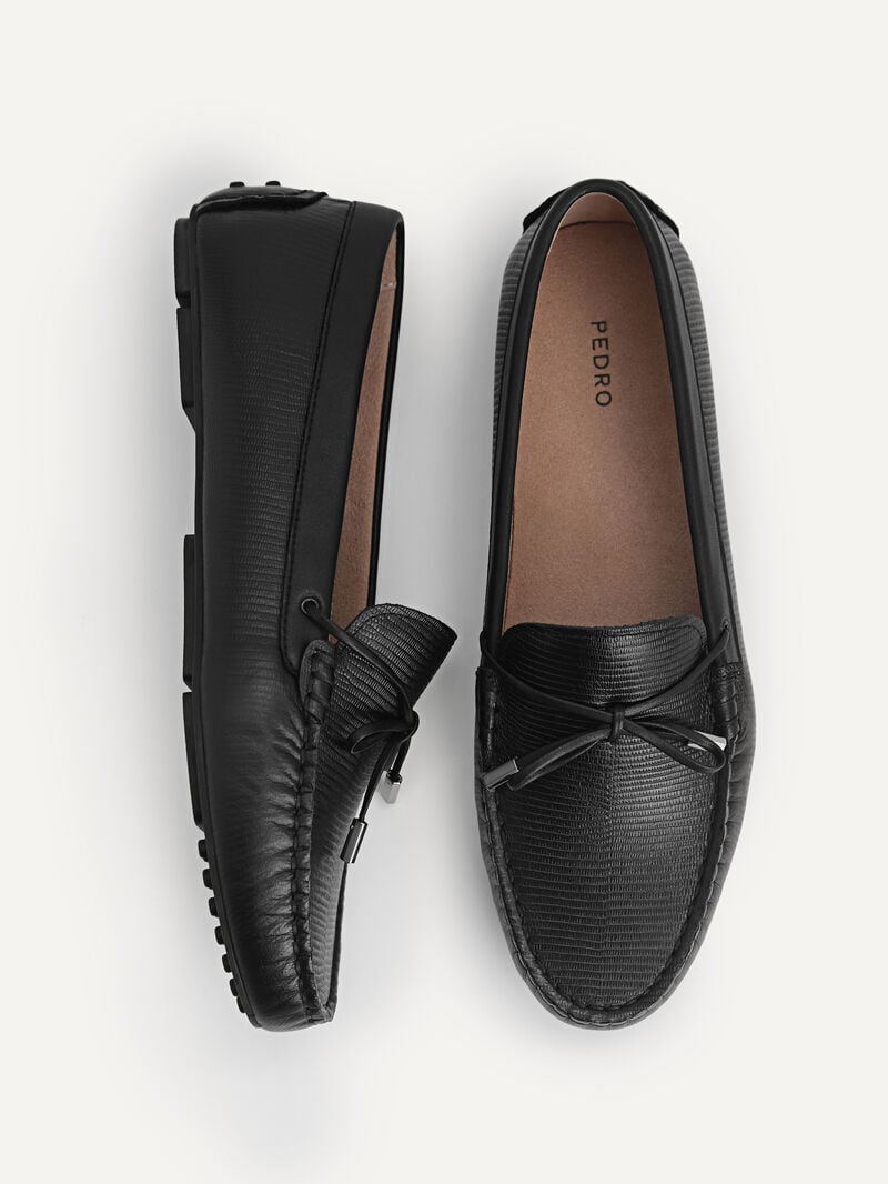 Pedro Lizard-effect Leather Bow Moccasins Women Flats Black | Q9Q-1700