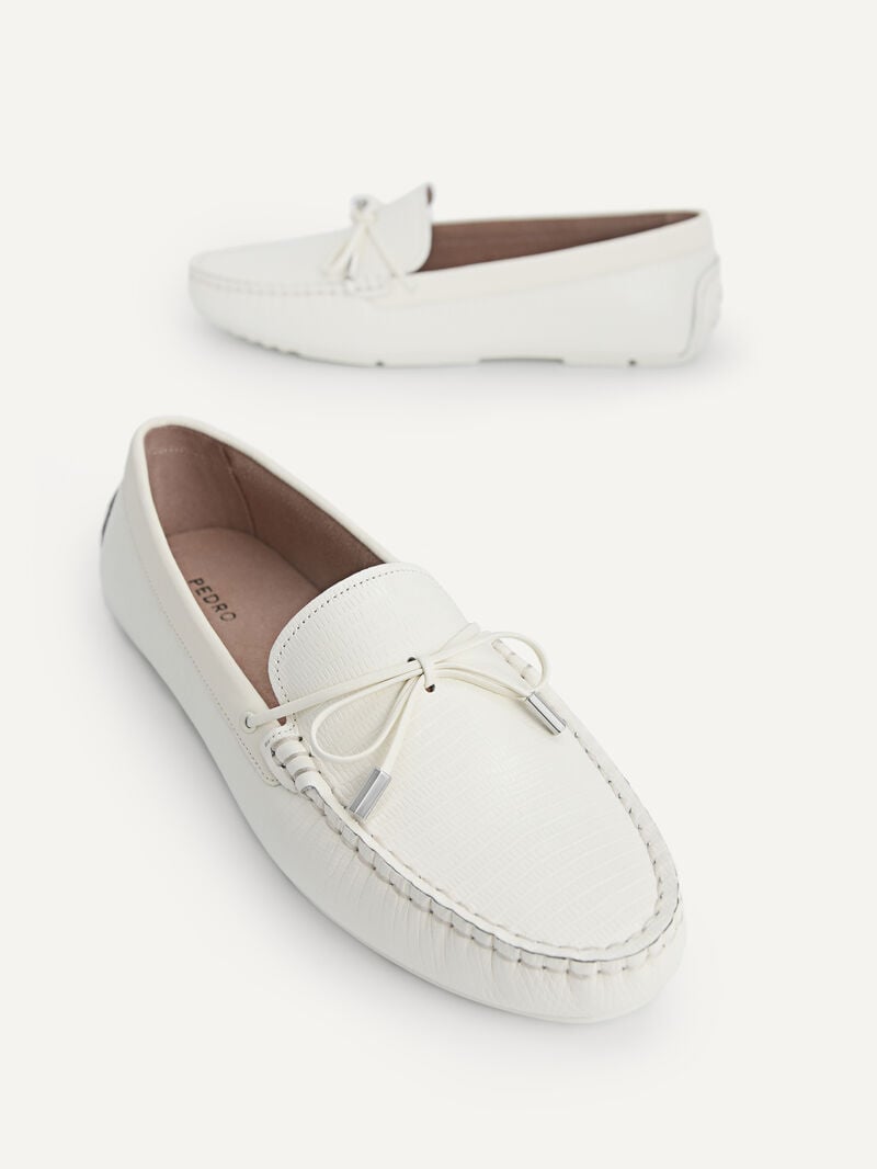 Pedro Lizard-effect Leather Bow Moccasins Women Flats Chalk | Q9Q-1699