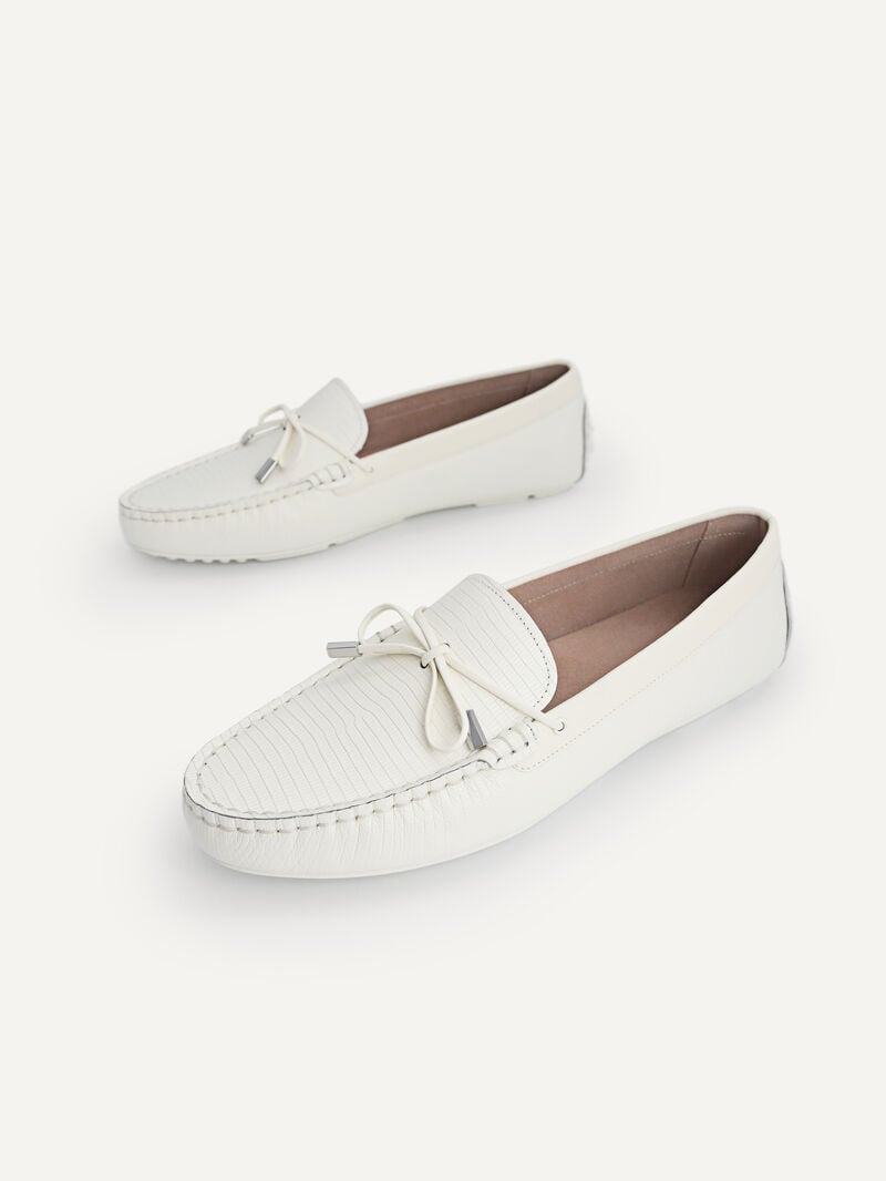 Pedro Lizard-effect Leather Bow Moccasins Women Flats Chalk | Q9Q-1699