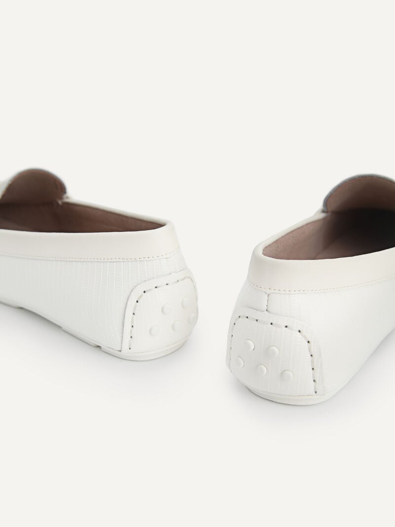 Pedro Lizard-effect Leather Bow Moccasins Women Flats Chalk | Q9Q-1699
