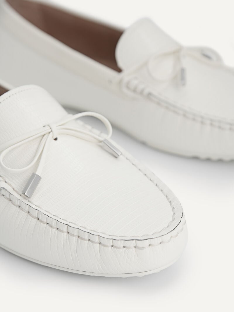 Pedro Lizard-effect Leather Bow Moccasins Women Flats Chalk | Q9Q-1699