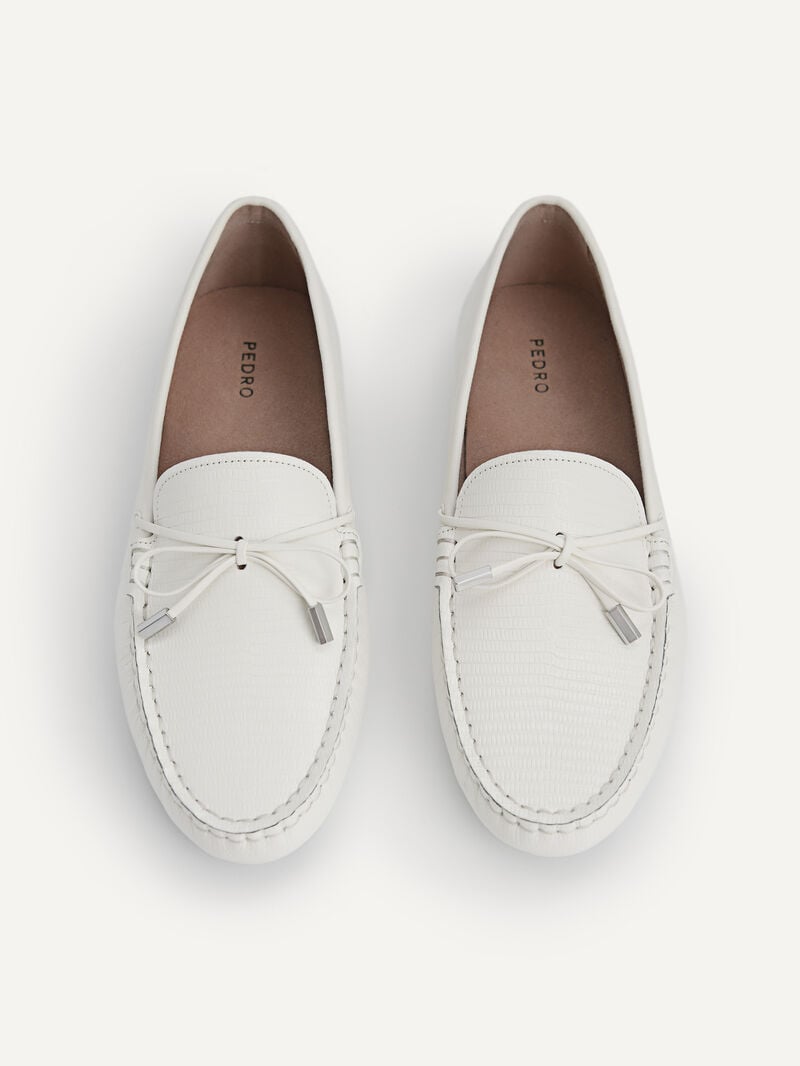 Pedro Lizard-effect Leather Bow Moccasins Women Flats Chalk | Q9Q-1699