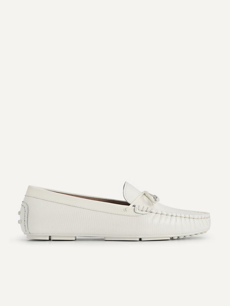 Pedro Lizard-effect Leather Bow Moccasins Women Flats Chalk | Q9Q-1699