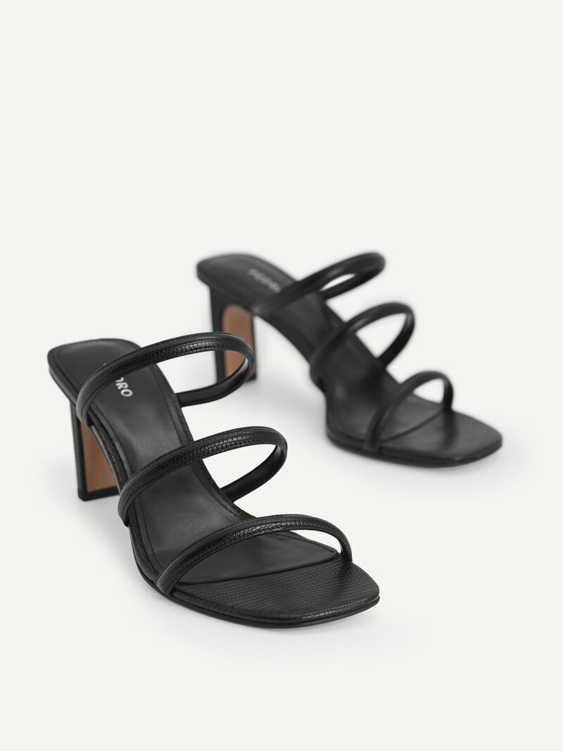 Pedro Strappy Lizard-Effect Women Heel Sandals Black | Q9Q-1386