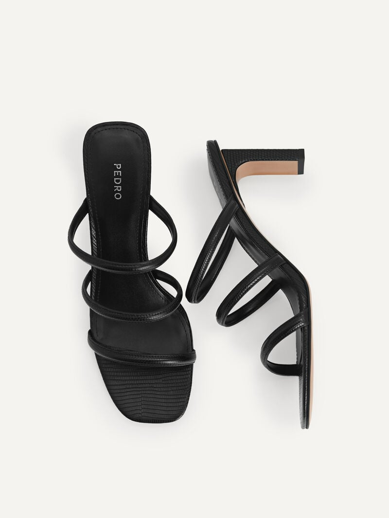 Pedro Strappy Lizard-Effect Women Heel Sandals Black | Q9Q-1386